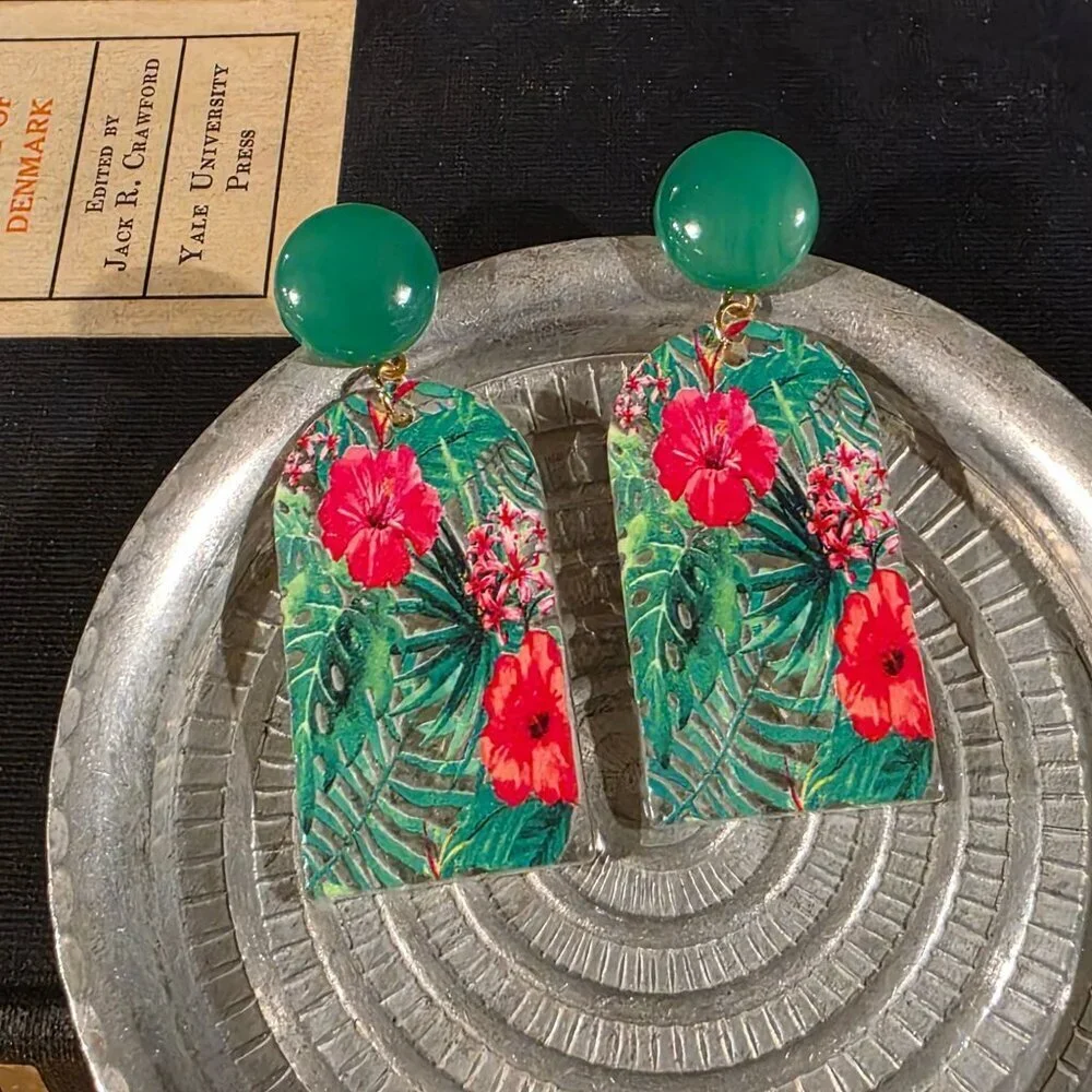 Retro 80s Style Tropical Flowers Plants Vintage Lucite Pendant Dangle earrings